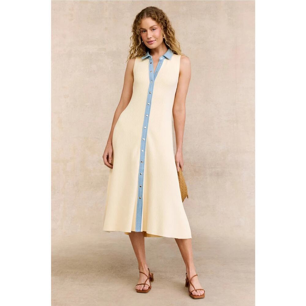 CeCe Sweater Dress Denim Collar Placket Sleeveless Rib Knit Midi Off White S